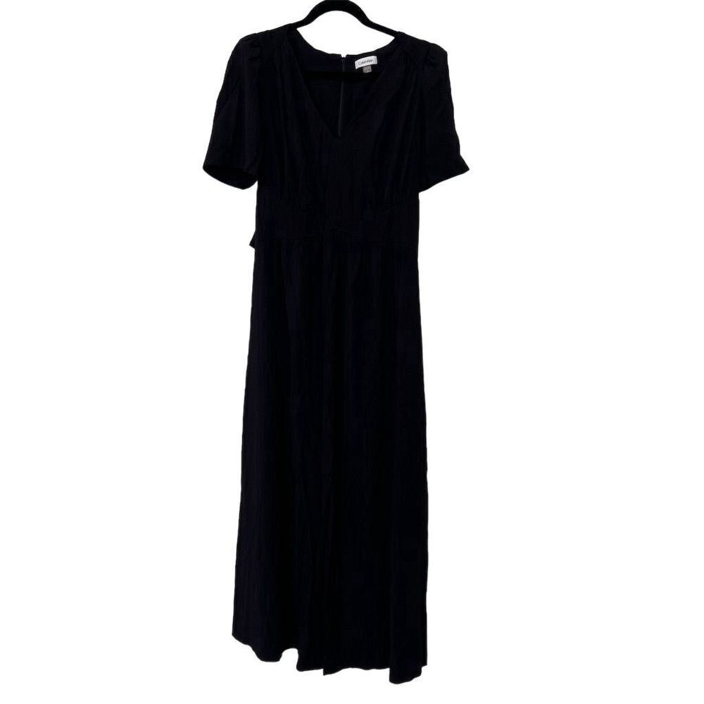 Calvin Klein Women's Size 14 Black Midi Dress V-Neck Short Sleeve